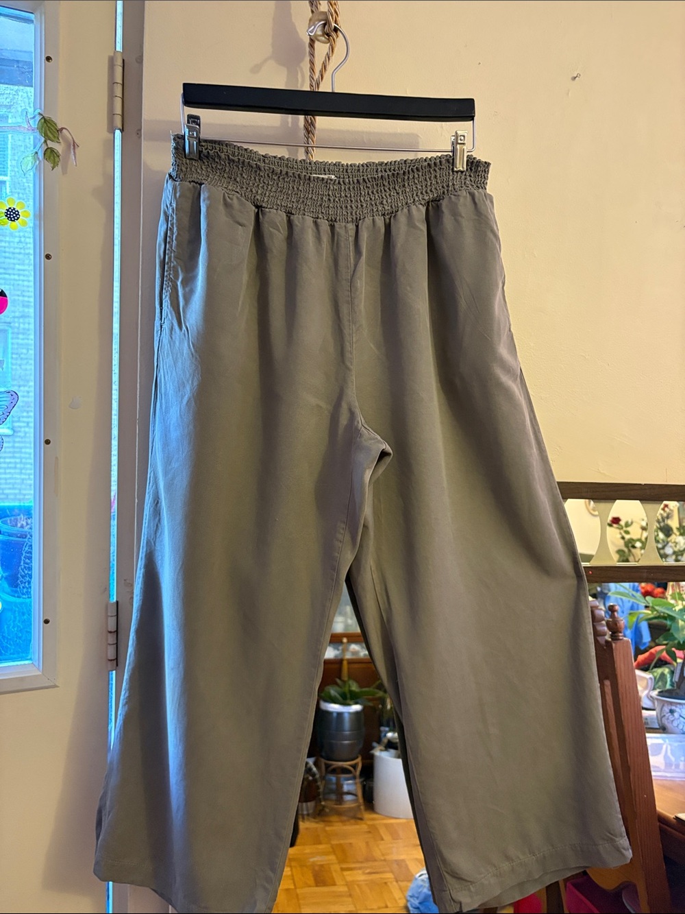 Dex Olive-Gray Straight Leg Smocked-Waist Pants. TENCEL